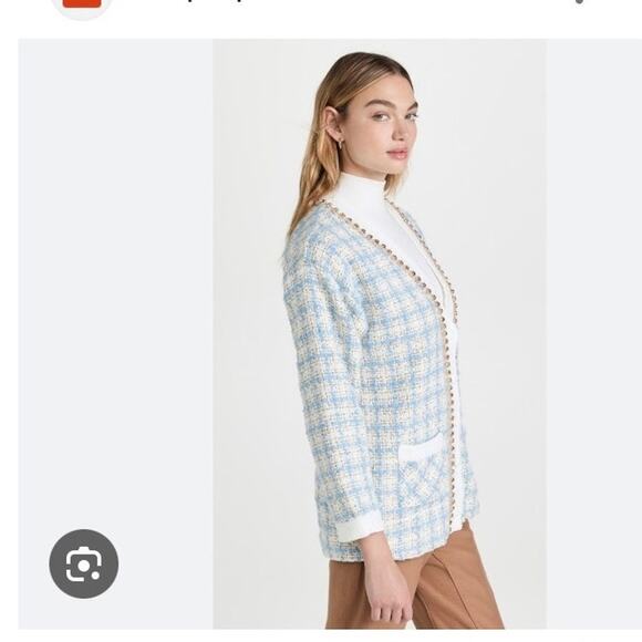 Sister Jane Blazer Cardigan Metallic Blue Tweed Plaid Long Bejeweled V Neck S - Picture 12 of 14